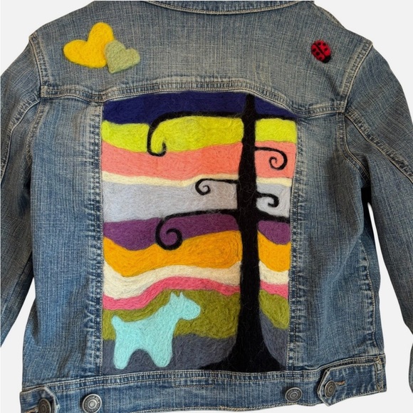 Upcycled Denim Jacket Hand Felted One Of A Kind Boho Hippie Art Whimsical Lg - Picture 8 of 12